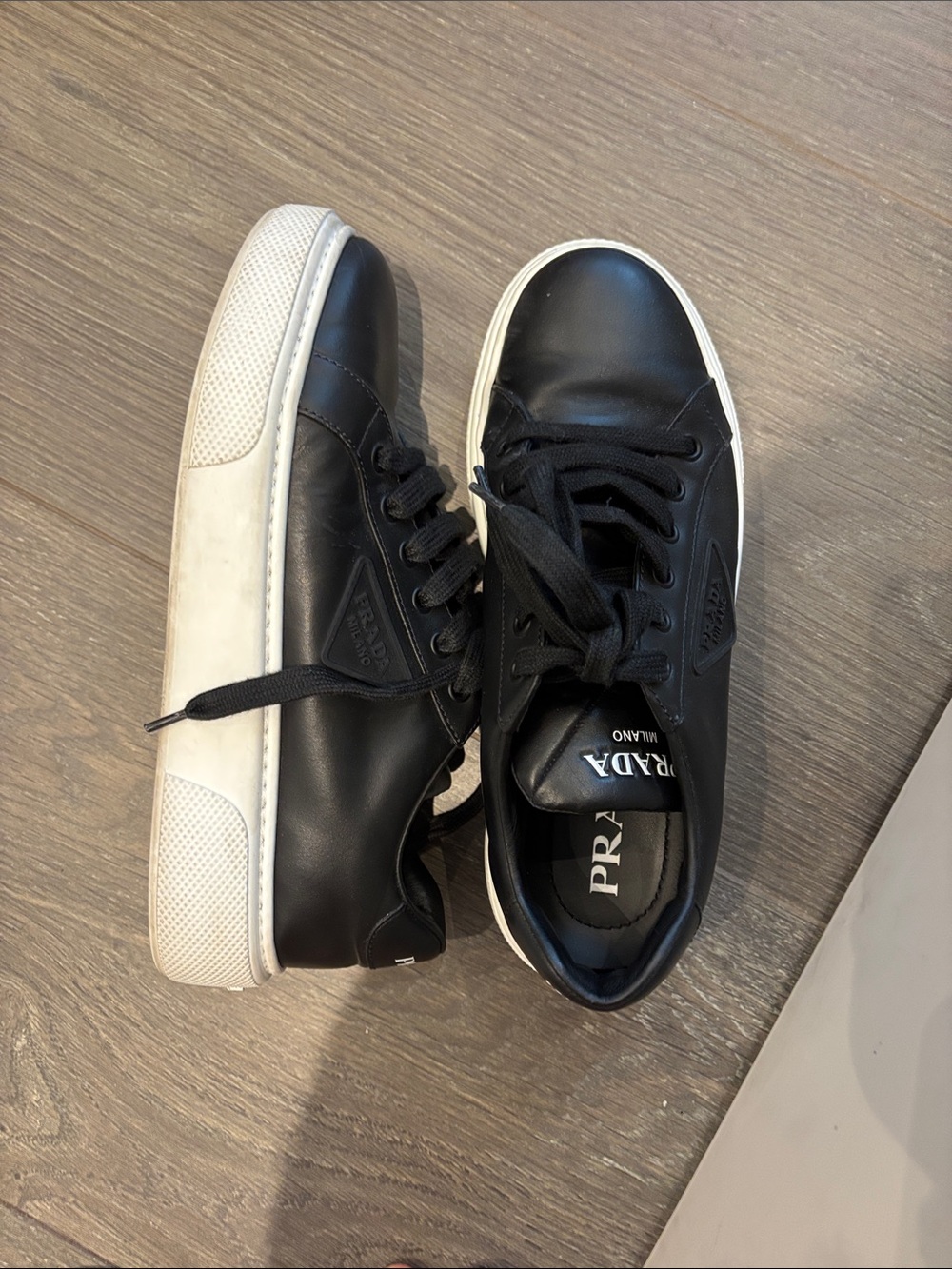 Prada Black Leather Lace-Up Sneakers with White Soles